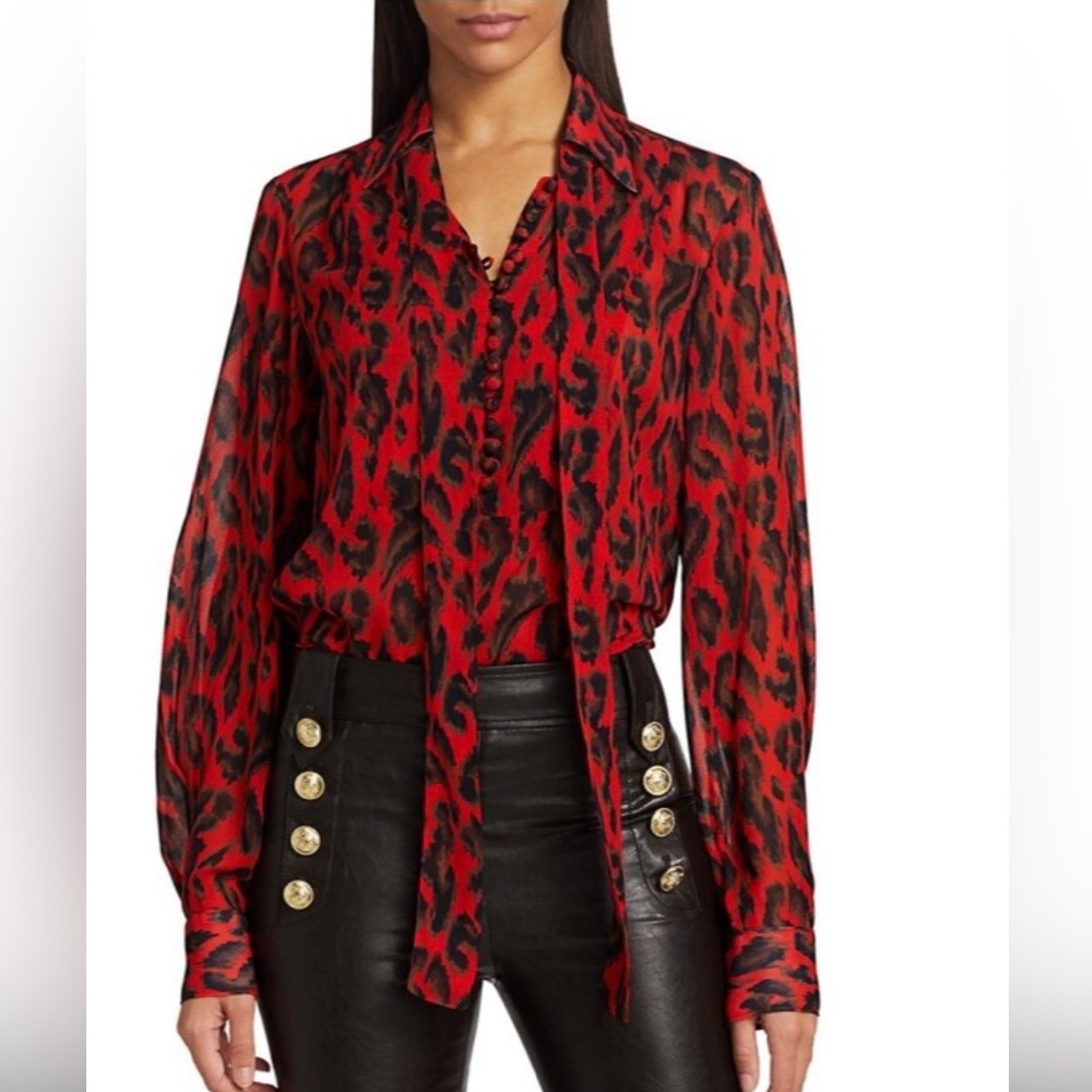 DEREK LAM 10 CROSBY Red Irene Abstract Leopard Print Blouse